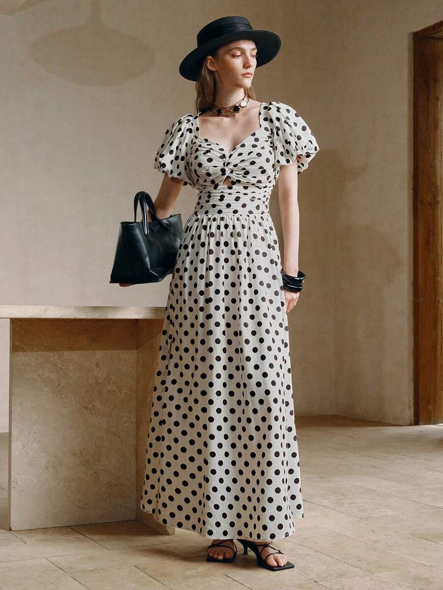 EMERY ROSE Váy tay bồng họa tiết chấm bi và sọc dệt có dây thắt lưng, cổ vuông, eo xếp ly, xẻ tà, dễ thương và thanh lịch dành cho nữ, mùa hè - trắng - Xem 1