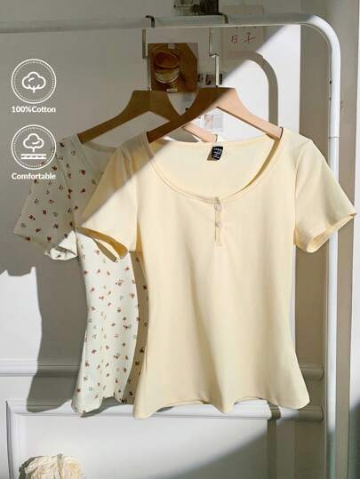 Comfortcana قميصان تي شيرت مطبوع بزهور صغيرة للمقاسات الكبيرة 2 قطعة