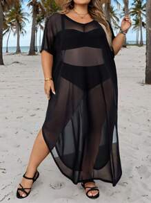 SHEIN CURVE+ Vestito estivo da donna con taglio a vista, manica corta, girocollo, in tessuto traslucido e colorazione tinta unita, con orlo fendente, adatto per l'estate, vacanze in campagna, spiaggia