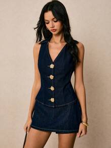 Poéselle Nouveau Top en denim sans manches avec boutons métalliques pour femmes/Top bleu foncé/Automne/Bureau pour femmes/Anniversaire/Sortie pour femmes/Top en denim foncé pour enseignante/Retour à l'école Automne Hauts mignons pour femmes Hauts de sortie pour femmes Top de bureau pour femmes Travail Femme Enseignante Style Old Money