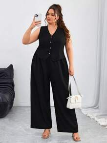 SHEIN CURVE+ Conjunto informal de talla grande para vacaciones, temporada de graduación, vuelta al colegio de chaleco blazer + pantalones / camisetas gráficas