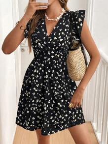SHEIN Frenchy Women Simple Print V-Neck Short Cap Sleeve Mini Dress Summer Black Casual - Black - View 3