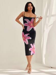 SHEIN PETITE 女士网眼印花+里料吊带连衣裙浪漫大花朵图案夏日度假旅行 - 黑色 - 查看 5