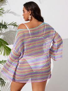 Swim Vcay 加大码宽松拼色性感不对称不对称领口喇叭袖钩针镂空罩衫度假罩衫