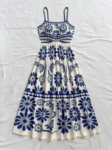 Soleia Women's Green Tropical Floral Retro Print Side Hollow Lace-Up Waist A-Line Midi Strap Dress, Vacation Style - Blue and White - View 7