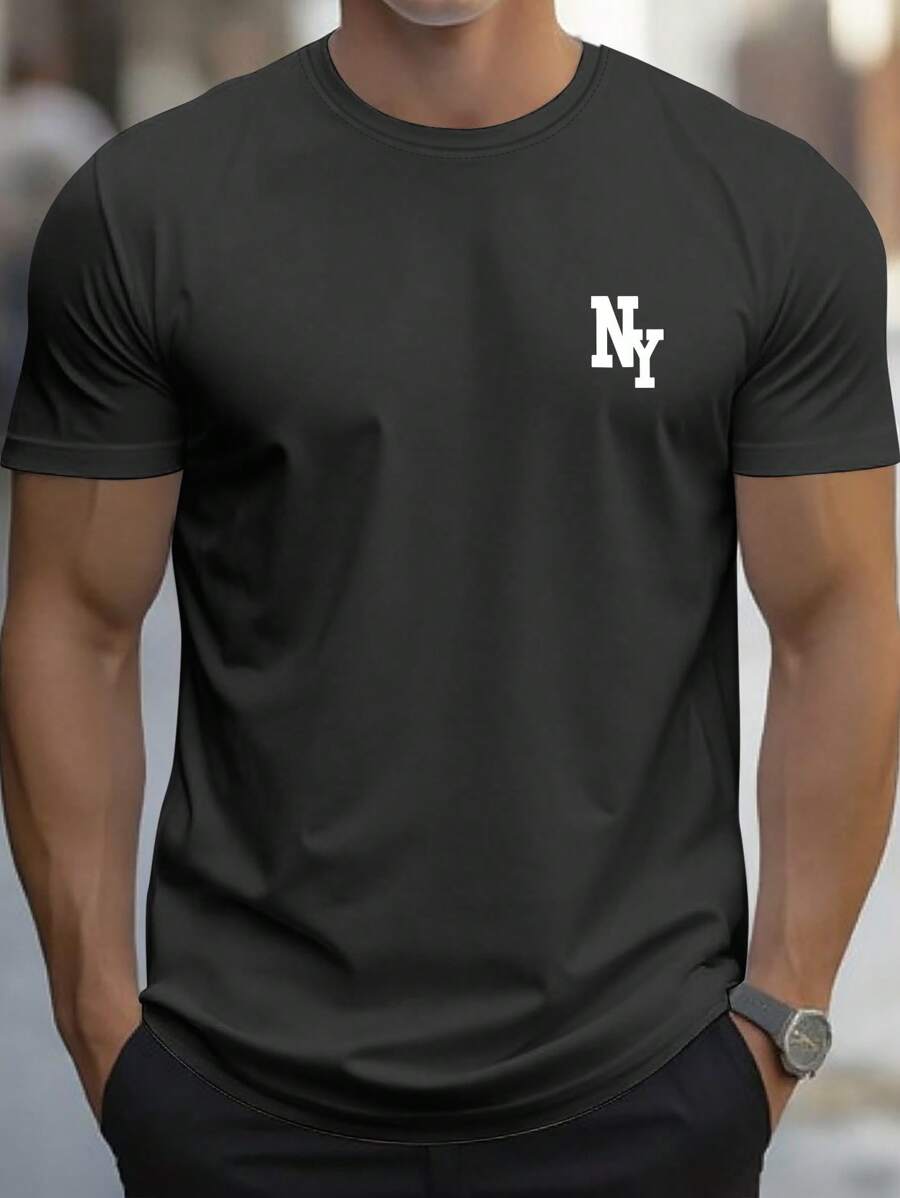 Manfinity Homme Men's Casual Letter Print Short Sleeve T-Shirt, Summer - Black - View 1