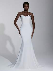 Elitara 优雅奢华白色手工全胸珍珠贝壳领高腰修身美人鱼下摆连衣裙，适合婚礼、新娘礼服 - 白色 - 查看 6