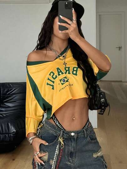 Coolane 女士夏季巴西狂欢节街头服饰 Y2K 外出运动装巴西图案拼布短款 T 恤