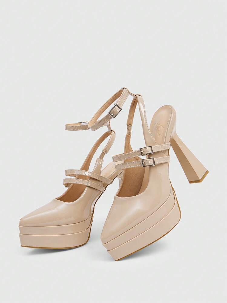 CUCCOO LuxiPop Pointed Toe Chunky Heel Platform Strap Champagne High Heel Pumps, Suitable For Halloween, Christmas, New Year Party