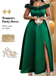 Fleurora Spring And Summer Autumn And Winter Elegant Party Wedding Valentine's Day Cocktail Party Concert/Music Festival Green Woven Satin V Neck  Ball Gown Flared Split 3D Rose Backless Maxi Short Sleeve Plus Size Dresses Birthday&Event Dresses Church Dresses Wedding Dresses Wedding Guest Dress Women Formal Dresses For Women Birthday Dresses For Women Dresses For Women Elegant Birthday Outfits For Women Elegant Dresses For Women Concert Outfit Women Dresses Plus Size Women Church Dresses For Women Birthday Dress Cocktail Dresses For Women Party Dresses For Women Church Outfits Women Festival Outfits For Women Cruise Women Outfits Dresses For Women Party Fall Women Clothes Birthday Outfit For Women Concert Outfits Festival Outfits Modest Dresses Winter Clothes For Women - Green - View 1