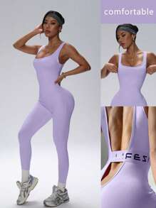 SHEIN Sport Studio Fitted Elastic Leisure Sexy Backless Bust Enhancing Slimming Yoga Jumpsuit, Elegant For Workout, Casual Wear