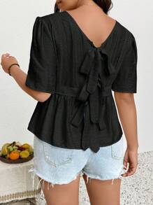 SHEIN Frenchy Plus Size Women Lace Trim Round Neck Tie Back Blouse, Apricot Color Casual/Work Shirt For Spring/Summer - Black - View 1