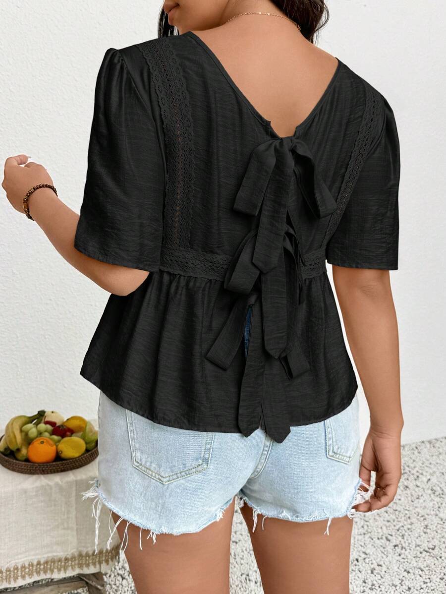 SHEIN Frenchy Plus Size Women Lace Trim Round Neck Tie Back Blouse, Apricot Color Casual/Work Shirt For Spring/Summer - Black - View 1