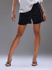 MUSERA Pantalones cortos tipo jogger de cintura elástica con detalles a rayas, para verano, streetwear, Y2K, chica cool, inspiración urbana, vacaciones, otoño, invierno, vuelta al cole, elegante