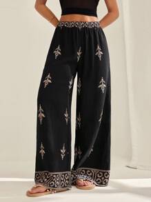 SHEIN PETITE Women's Print Wide Leg Boho Pants For Summer