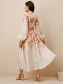 Anewsta Vestido elegante de verano y primavera para vacaciones en la playa, de alta gama, con cuello alto de botones, lazo en la cintura, y mangas farol para mujer