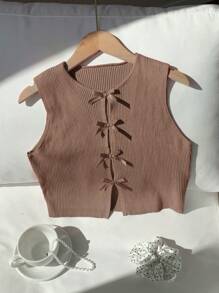 Comfortcana 女士休闲棕色蝴蝶结镂空针织毛衣 - 棕色 - 查看 6