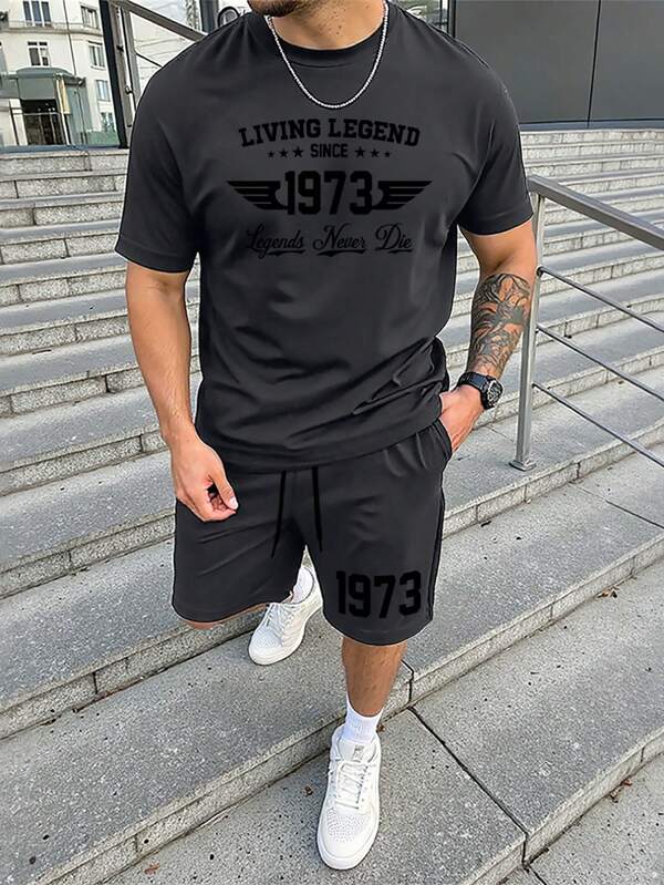 Manfinity Homme Men's Letter Print Round Neck Short Sleeve Casual T-Shirt And Drawstring Waist Shorts Set