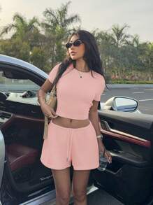 Muchica Grey Knitted Fitted Ladies Loungewear Set - Pink - View 4