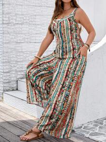 EMERY ROSE Plus Size Women Vacation Geometric Print Pocketed Wide Leg Jumpsuit,Fashionable For Summer,Vacation Outfits  For Women,Holiday Outfits Boho - Brown - View 3