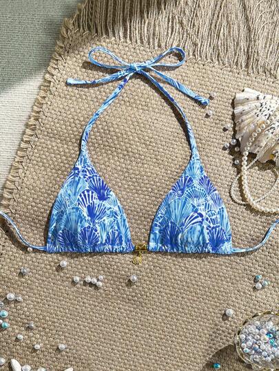 Swim Mod Random Golden Shell Printed Halter Triangle Bikini Top, Sexy Summer Vacation Swimwear