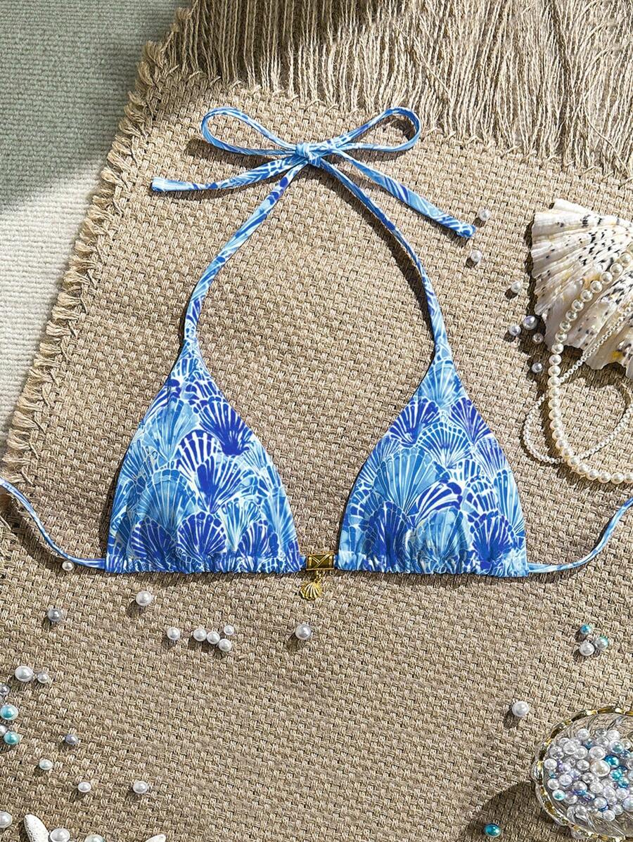 Swim Mod Random Golden Shell Printed Halter Triangle Bikini Top, Sexy Summer Vacation Swimwear - Multicolor - View 1