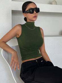 DAZY Women High Neck Fitted Sleeveless Wrap Around Bodysuit - Dark Green - View 4