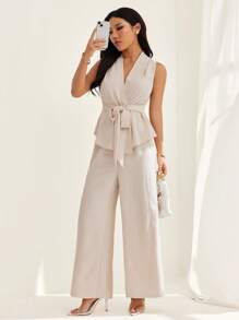 SHEIN PETITE 2 件套女士夏季优雅休闲装，宽松 V 领无袖系腰松紧腰直筒裤，米色 - 杏色 - 查看 6