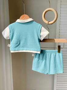 SHEIN 2 件套新生男婴/女婴绿白领开衫短袖上衣和短裤休闲装，适合上学、户外、居家 - 彩色 - 查看 2