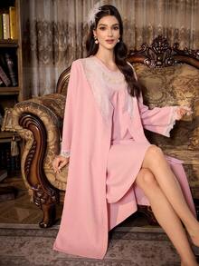 Bộ đồ ngủ 2 món PalaceNights Vintage Palace Elegant Robe & Dress dành cho nữ Váy ngủ màu hồng Váy ngủ nữ Váy ngủ ren Váy ngủ Váy ngủ, Quần áo mùa thu - Hồng - Xem 3