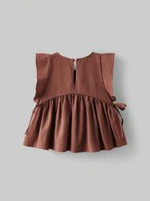 Ontre Blusa de niña con cuello redondo, dobladillo con volantes y mangas cortas lindas - Óxido marrón - Ver 2