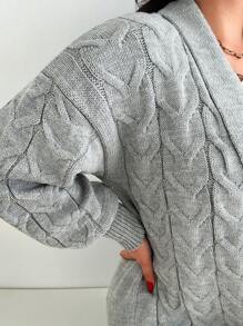 PLUS SIZE WOMEN GREY COLOR RIB-KNIT LONG SLEEVE TEXTURED CASUAL CARDIGAN
