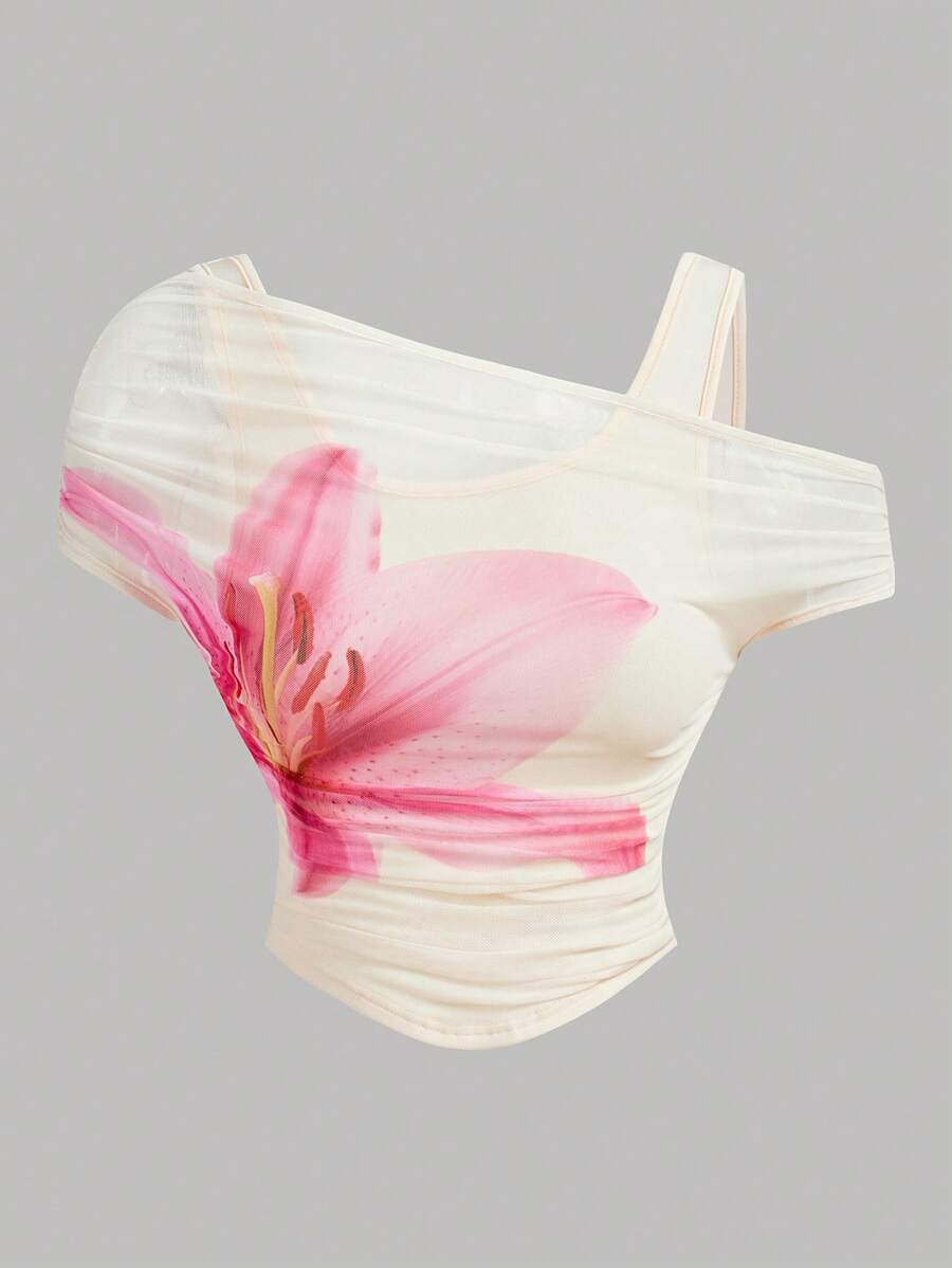 Girlism Tee-shirt en maille ajusté à imprimé floral crème pour jeune fille, Abricot. Convient pour les fêtes, les tenues décontractées, l'été, les remises de diplômes, la rentrée, les vacances, les festivals, les déjeuners, les festivals de musique
