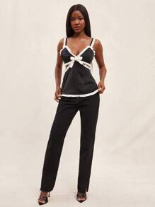 NYA SZN Top avec volant contrasté, idéal pour sortir, brunch, tenue de rue, église, usage quotidien, décontracté, chic, modeste, satin pastel, déclaration, festival - Noir - Voir 3