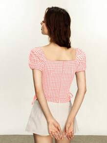 Rina Fox Plaid Print Square Neck Casual Bowknot Short Sleeve Blouse - Baby Pink - View 2