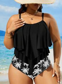Swim Lushoire Plus Size Random Print Tankini Swimwear Set For Summer Beach Vacation
