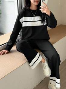 SHEIN 少女黑白撞色针织纯色拼接缎带落肩长袖T恤长裤学院风休闲两件套/返校季/情人节儿童/春夏秋冬休闲两件套/长袖长裤两件套/家居服两件套/长裤两件套 - 黑與白 - 查看 6
