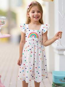 SHEIN 年轻女孩简约彩虹图案圆领无袖休闲舒适连衣裙 - 白色 - 查看 4
