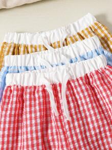 Set da 3 pezzi per ragazze estivo: pantaloni in tessuto plaid stropicciato con vita in contrasto, disponibile in più colori, adatto per uscite e raduni familiari - Multicolore - Visualizzare 5