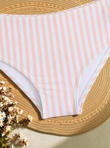 Bikini a maglia a righe e blocchi di colore per ragazze giovani, costume da bagno a due pezzi con parte superiore con volant, alla moda ed elegante per nuotare, vacanza, estate