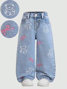 Jeans casual e versatili di moda da strada per ragazze, con stampa carina, lavati, comodi e con gamba larga allentata