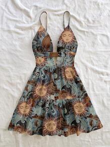 Soleia Casual Resort Style Blue Sun God Paisley & Cashew Retro Pattern Women's V-Neck Hollow-Out, Backless Ruffled Hem Mini Dress, Suitable For Summer Vacation,Boho Clothes Women