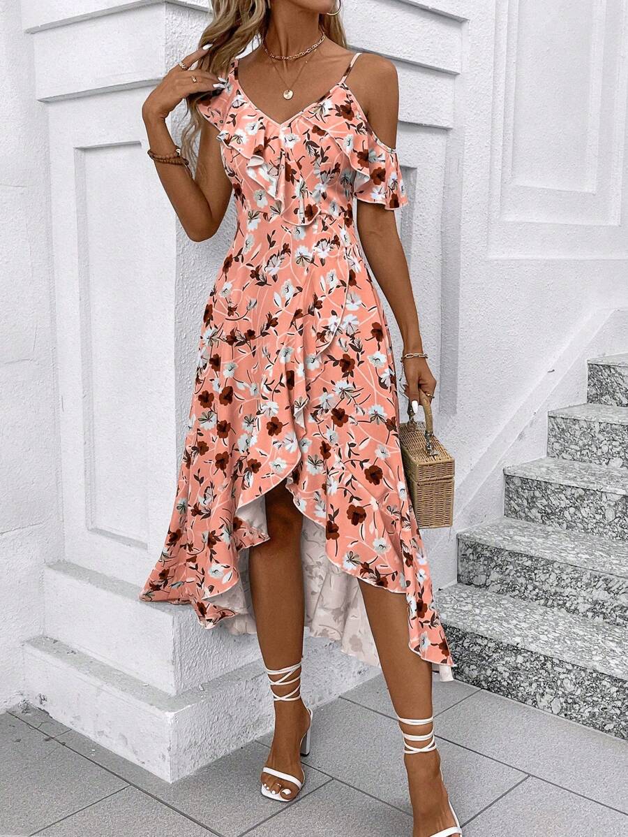 EMERY ROSE Women's Ruffle Floral Printed Ruffle Hem Vacation Dress Maxi Women Outfit - Multicolor - View 1