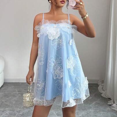 Elaborate 3D Floral Spaghetti Strap Backless Dress