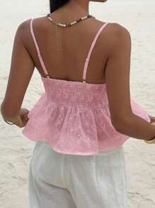 Sunnyshic Débardeur avec col brodé à fleurs blanches, dos découpé, ourlet à volants, nœud papillon devant. Top mignon, décontracté, minimaliste, élégant et polyvalent pour l'été, pour une utilisation quotidienne et les sorties