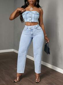 Quần jean denim ống côn giặt thường ngày cạp bất đối xứng cỡ lớn - Màu xanh lam - Xem 7