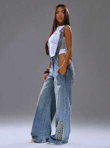 MUSERA Extreme Scoop Open Dungaree Graphic Print Summer Spring Streetwear Y2K Cool Girl Cute City Back To School Autumn Fall Winter Casual Office Work Everyday   Chic - Baby Blue - View 3