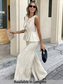 SHEIN PETITE CURVE 2pcs/Set Plus Size Women Summer Solid Color Tie Front Sleeveless Shirt And Wide Leg Pants Casual Suit,Two Piece Set Women - Apricot - View 2