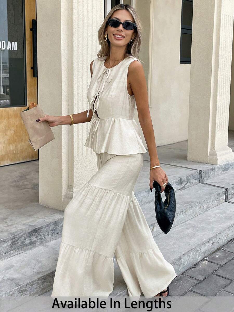 SHEIN PETITE CURVE 2pcs/Set Plus Size Women Summer Solid Color Tie Front Sleeveless Shirt And Wide Leg Pants Casual Suit,Two Piece Set Women