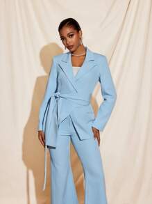 EBIB 优雅淡蓝色腰带垫肩西装外套女士办公室休闲套装